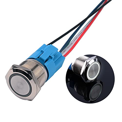 JIQI 22mm Momentane Metall Druckschalter 12V bis 24V 5A Momentary LED Tastenschalter IP66 1NO1NC wasserdichte vorverdrahte EIN/AUS Taste Schalter für Fahrzeugmodifikation Wohnmobil DIY(Weiß) von JIQI