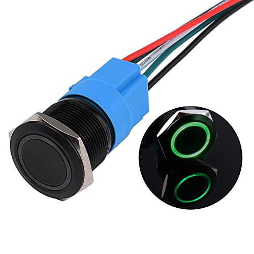 JIQI 22mm Momentane wasserdichte Druckschalter 12V bis 24V 5A EIN/AUS Taste Schalter mit LED Beleuchtung Schwarzes Metallgehäuse IP66 1NO1NC vorverdrahte Momentary Drucktaster für KFZ DIY Auto(Grün) von JIQI