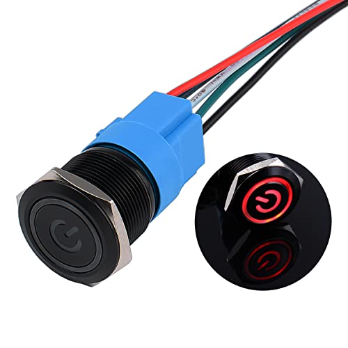 JIQI 22mm Momentane wasserdichte Druckschalter 12V bis 24V 5A EIN/AUS Taste Schalter mit LED Beleuchtung Schwarzes Metallgehäuse vorverdrahte Momentary Drucktaster für KFZ DIY Auto Motorrad(Rot) von JIQI