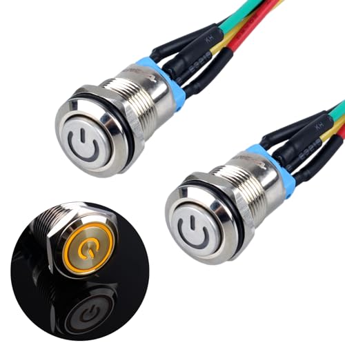 JIQI 2× 12mm Latching Druckschalter Metall 12V bis 24V 2A einrastend EIN/AUS Schalter mit gelbem LED Symbol IP66 1NO Selbstsichernde wasserdichte Druckknopf Taster für Boot LKW RV Auto (hoher Kopf) von JIQI