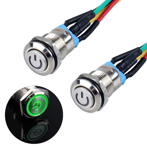 JIQI 2× 12mm Latching Druckschalter Metall 12V bis 24V 2A einrastend EIN/AUS Schalter mit grünem LED Symbol IP66 1NO Selbstsichernde wasserdichte Druckknopf Taster für Boot LKW RV Auto (hoher Kopf) von JIQI