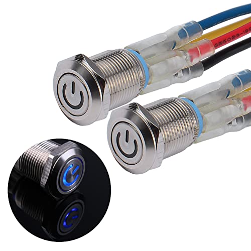JIQI 2× 12mm Momentane Druckschalter 12V bis 24V 2A IP66 1NO mit Power Symbol LED, wasserdichte Taster aus Metall mit Verbindungsdrähten Momentary Push Button Switch für Boot LKW RV Auto (Blau) von JIQI