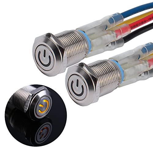 JIQI 2× 12mm Momentane Druckschalter 12V bis 24V 2A IP66 1NO mit Power Symbol LED, wasserdichte Taster aus Metall mit Verbindungsdrähten Momentary Push Button Switch für Boot LKW RV Auto (Gelb) von JIQI