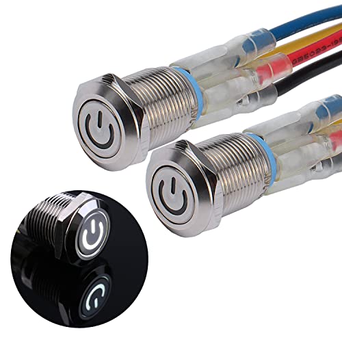 JIQI 2× 12mm Momentane Druckschalter 12V bis 24V 2A IP66 1NO mit Power Symbol LED, wasserdichte Taster aus Metall mit Verbindungsdrähten Momentary Push Button Switch für Boot LKW RV Auto (Weiß) von JIQI