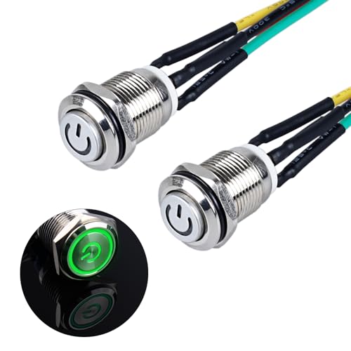 JIQI 2× 12mm Momentane Druckschalter 12V bis 24V 2A IP66 1NO mit Power Symbol LED, wasserdichte Taster aus Metall mit Verbindungsdrähten Momentary Push Button Switch für LKW RV Auto (hoher Kopf,Grün) von JIQI