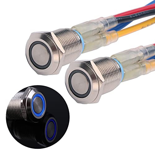 JIQI 2× 12mm Momentane Metall Druckschalter 12V bis 24V 2A Momentary Push Button Switch mit LED-Leuchte IP66 1NO Tastende wasserdichte Taster Drucktaster für Boot LKW RV Auto(Blau) von JIQI