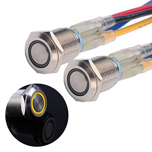 JIQI 2× 12mm Momentane Metall Druckschalter 12V bis 24V 2A Momentary Push Button Switch mit LED-Leuchte IP66 1NO Tastende wasserdichte Taster Drucktaster für Boot LKW RV Auto(Gelb) von JIQI