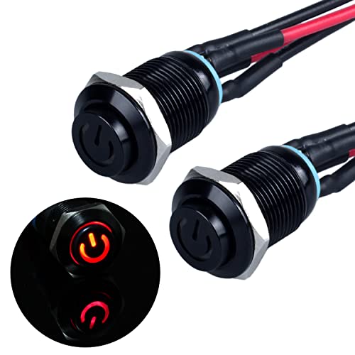 JIQI 2× 12mm Momentane wasserdichte Druckschalter 12V bis 24V 2A IP66 Taster mit LED Beleuchtung Schwarzes Metallgehäuse Momentary Drucktaster mit Verbindungsverdrähten für DIY Auto(hoher Kopf,Rot) von JIQI