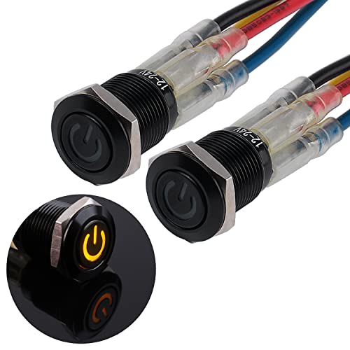 JIQI 2× 12mm Momentane wasserdichte Druckschalter 12V bis 24V 2A IP66 Taster mit LED Beleuchtung Schwarzes Metallgehäuse Momentary Drucktaster mit Verbindungsverdrähten für KFZ DIY Auto Motorrad(Gelb) von JIQI