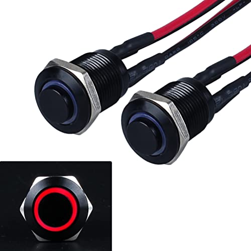 JIQI 2× 12mm Momentary Druckschalter 12V bis 24V 2A Wasserdichte Taster Schalter aus Metall IP66 1NO Momentan schwarze Druckknopf mit LED Leuchte Verbindungsverdrähten für Motorrad (hoher Kopf, Rot) von JIQI