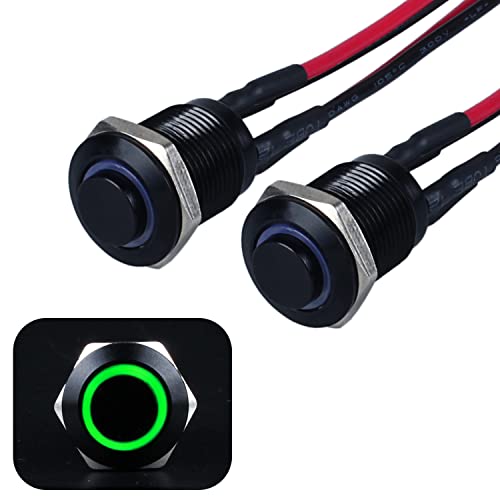 JIQI 2× 12mm Momentary Druckschalter 12V bis 24V 2A Wasserdichte Taster Schalter aus Metall IP66 1NO Momentan schwarze Druckknopf mit LED Leuchte Verbindungsverdrähten für Motorrad (hoher Kopf, Grün) von JIQI