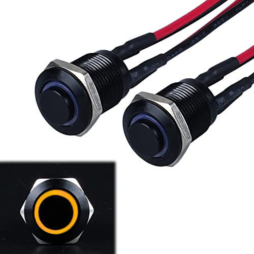 JIQI 2× 12mm Momentary Druckschalter 12V bis 24V 2A Wasserdichte Taster Schalter aus Metall IP66 1NO Momentan schwarze Druckknopf mit LED Leuchte Verbindungsverdrähten für Motorrad (hoher Kopf, Gelb) von JIQI