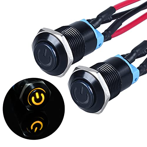 JIQI 2× 12mm Rastend wasserdicht Druckschalter 12V bis 24V 2A IP66 Latching Push Button mit LED Power Symbol einrastend EIN/AUS Schalter aus Metall schwarz Drucktastenschalter (hoher Kopf, Gelb) von JIQI