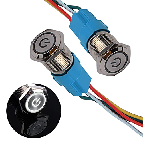 JIQI 2× 16mm Latching Druckschalter Metall 12V bis 24V 3A einrastend EIN/AUS Schalter mit weißem LED Symbol IP66 1NO1NC Selbstsichernde wasserdichte vorverdrahte Druckknopf Taster für Boot LKW RV Auto von JIQI