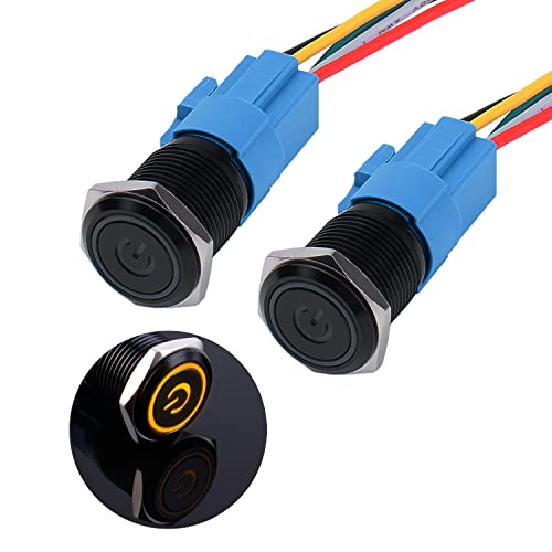 JIQI 2× 16mm Momentane wasserdichte Druckschalter 12V bis 24V 3A EIN/AUS Taste Schalter mit LED Beleuchtung Schwarzes Metallgehäuse vorverdrahte Momentary Drucktaster für KFZ DIY Auto Motorrad(Gelb) von JIQI