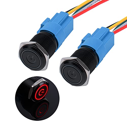 JIQI 2× 16mm Momentane wasserdichte Druckschalter 12V bis 24V 3A EIN/AUS Taste Schalter mit LED Beleuchtung Schwarzes Metallgehäuse vorverdrahte Momentary Drucktaster für KFZ DIY Auto Motorrad(Rot) von JIQI