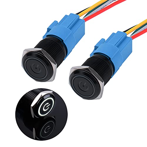 JIQI 2× 16mm Rastende wasserdichte Druckschalter 12V bis 24V 3A Latching Push Button mit LED Power Symbol einrastend Schalter aus Metall schwarz vorverdraht Drucktastenschalter mit IP66 1NO 1NC (Weiß) JIQI 2× 16mm Rastende wasserdichte Druckschalter 12V bis 24V 3A Latching Push Button mit LED Power Symbol einrastend Schalter aus Metall schwarz vorverdraht Drucktastenschalter mit IP66 1NO 1NC (Weiß) von JIQI