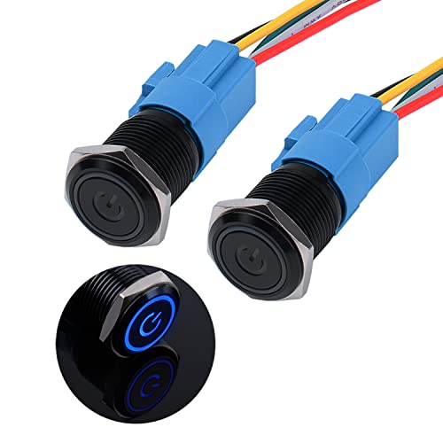 JIQI 2× 16mm Rastende wasserdichte Druckschalter 12V bis 24V 3A Latching Push Button mit LED Power Symbol einrastend Schalter aus Metall schwarz vorverdraht Drucktastenschalter mit IP66 1NO 1NC (Blau) JIQI 2× 16mm Rastende wasserdichte Druckschalter 12V bis 24V 3A Latching Push Button mit LED Power Symbol einrastend Schalter aus Metall schwarz vorverdraht Drucktastenschalter mit IP66 1NO 1NC (Blau) von JIQI