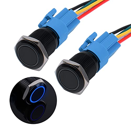 JIQI 2× 16mm Verrieglung Druckschalter 12V bis 24V 3A wasserdicht selbsthaltend schwarz Druckknopfschalter aus Metall LED Beleuchtet vorverdrahte Ein/Aus Latch Taste Schalter mit IP66 1NO 1NC (Blau) von JIQI