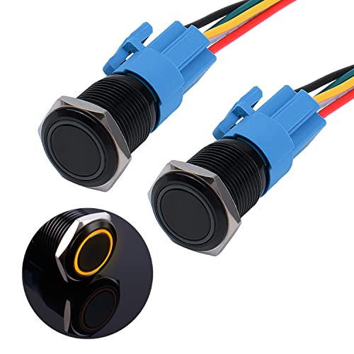 JIQI 2× 16mm Verrieglung Druckschalter 12V bis 24V 3A wasserdicht selbsthaltend schwarz Druckknopfschalter aus Metall LED Beleuchtet vorverdrahte Ein/Aus Latch Taste Schalter mit IP66 1NO 1NC (Gelb) von JIQI