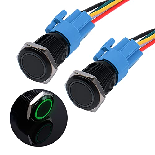 JIQI 2× 16mm Verrieglung Druckschalter 12V bis 24V 3A wasserdicht selbsthaltend schwarz Druckknopfschalter aus Metall LED Beleuchtet vorverdrahte Ein/Aus Latch Taste Schalter mit IP66 1NO 1NC (Grün) von JIQI