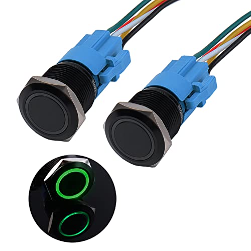 JIQI 2× 19mm Druckschalter 12V bis 24V 3A Wasserdichte Latch Schalter aus Aluminiumlegierung IP66 1NO1NC vorverdrahte rastende schwartze Druckknopf mit LED Licht für Motorrad Boot LKW RV (Grün) von JIQI