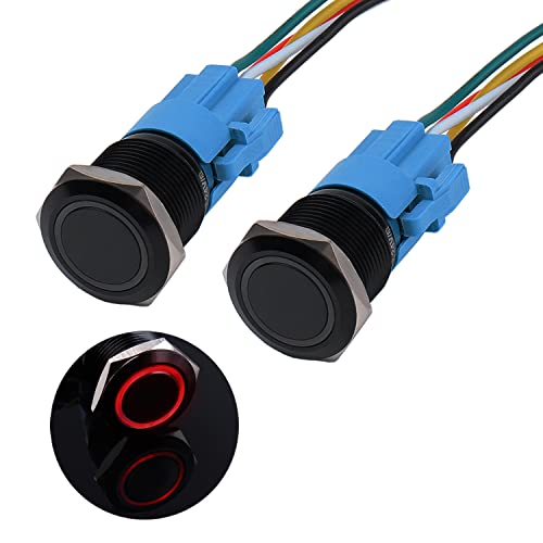 JIQI 2× 19mm Druckschalter 12V bis 24V 3A Wasserdichte Momentary Schalter aus Aluminiumlegierung IP66 1NO1NC vorverdrahte Momentan schwartze Druckknopf mit LED Leuchte für Motorrad Boot LKW RV (Rot) von JIQI
