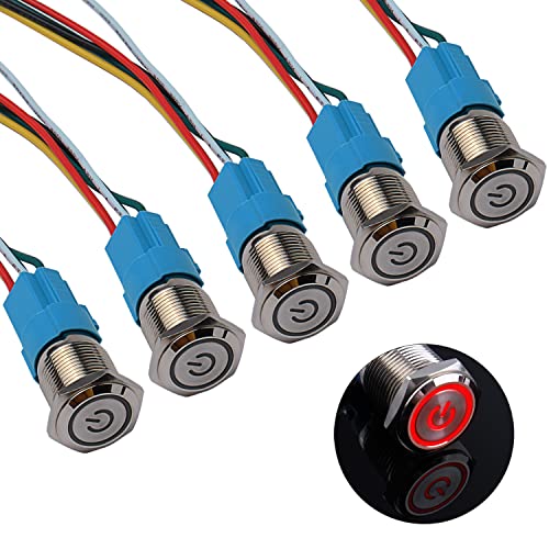 JIQI 5× 16mm Latching Druckschalter Metall 12V bis 24V 3A einrastend EIN/AUS Schalter mit rotem LED Symbol IP66 1NO1NC Selbstsichernde wasserdichte vorverdrahte Druckknopf Taster für Boot LKW RV Auto von JIQI