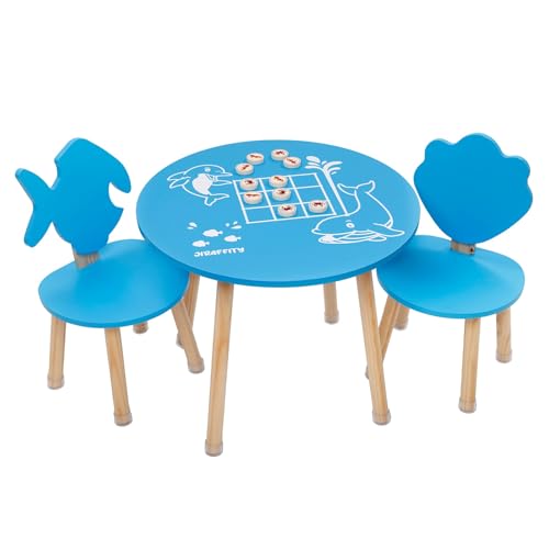 JIRAFFITY Kindertisch mit 2 Stühlen – Kindersitzgruppe Holz mit Tic-Tac-Toe-Spiel, Rund, Kinder Tisch Stuhl Set ab 2 Jahre | Kinderzimmer Möbel Meeresdesign, Sicher & Einfach zu Montieren von JIRAFFITY
