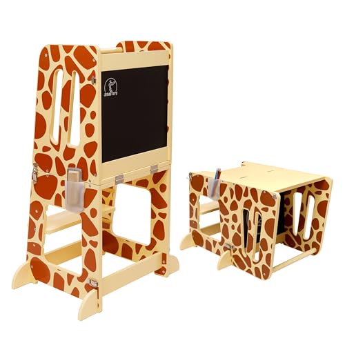 JIRAFFITY Lernturm ab 1 Jahr Klappbar – Montessori Learning Tower, Faltbarer Kinderturm mit Tafel, Umwandelbar in Tisch | Sicher und platzsparend von JIRAFFITY