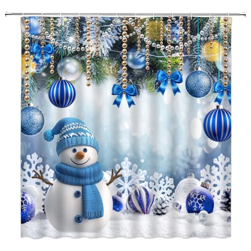 JIRGIXA Duschvorhang mit weihnachtlichem Schneemann, Schneeflocke, Weihnachtsball, Winterurlaub, Stoff, Badezimmer-Dekor, Vorhang mit Haken, 178 x 178 cm (B x H) von JIRGIXA