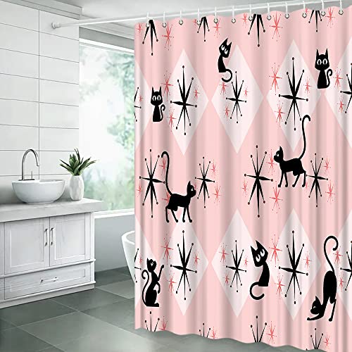 JIRGIXA Mid Century Atomic Black Cat Duschvorhang Pink Starbursts Abstrakt Geometrisch Minimalistisch Lustig Boho 1950er 60er 70er Jahre Stoff Badezimmer Dekor Vorhang Sets mit Haken von JIRGIXA