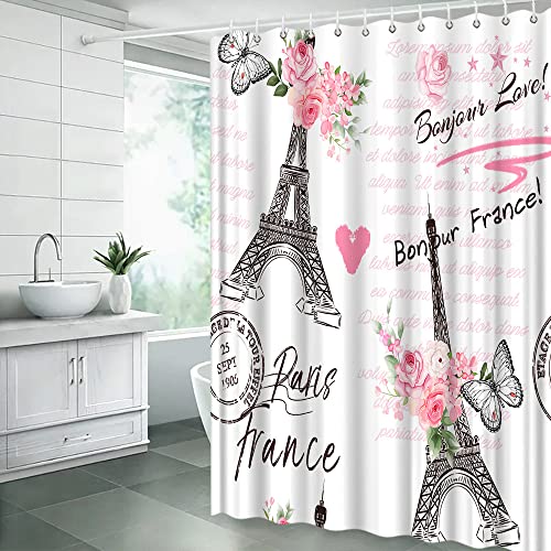 JIRGIXA Paris Eiffelturm Duschvorhang Valentinstag Rosa Blumen Schmetterling Bonjour Romantisch Französisch Europäische Stadt Vintage Retro Weiß Stoff Badezimmer Dekor Vorhang mit Haken JIRGIXA Paris Eiffelturm Duschvorhang Valentinstag Rosa Blumen Schmetterling Bonjour Romantisch Französisch Europäische Stadt Vintage Retro Weiß Stoff Badezimmer Dekor Vorhang mit Haken von JIRGIXA