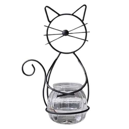 JISADER Tisch-Übertopf aus Glas, niedlicher Blumentopf mit Katzen-Metallhalter, Tisch-Übertopf aus Glas, Hydrokultur-Vase, Schwarz von JISADER