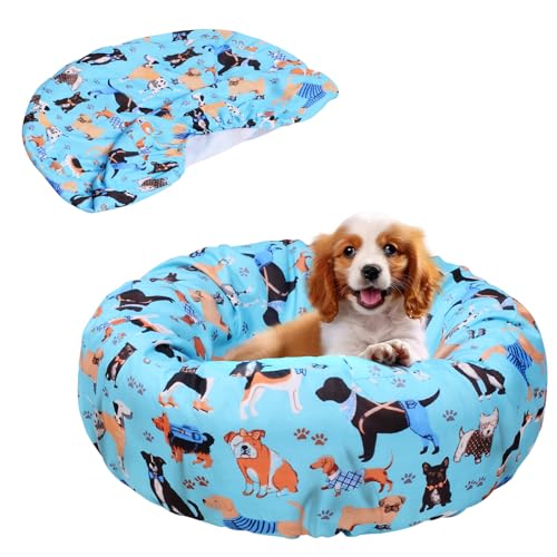 JISEN Hundebett-Bezug, 50 cm, blau, rund, waschbar, wiederverwendbar, Haustier-Ersatzbezug für kleine bis mittelgroße Haustierbetten, Hundemuster von JISEN
