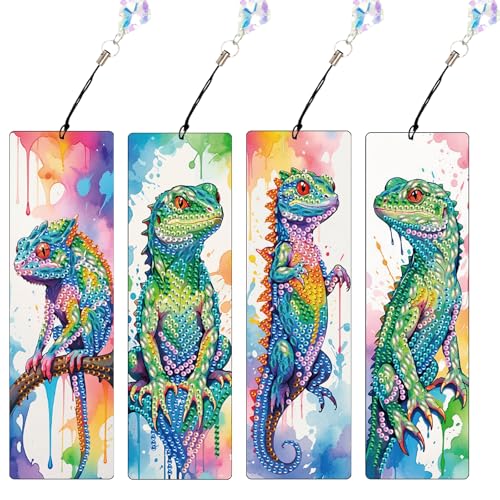 JISHSHAY 4 Stück Diamond Painting Lesezeichen Chamäleon Diamant Painting Lesezeichen Tiere Diamantmalerei Bookmark Diamant Malerei Book Marks Mosaik Bastelset Erwachsene Diamaond Malerei Bookmarks von JISHSHAY