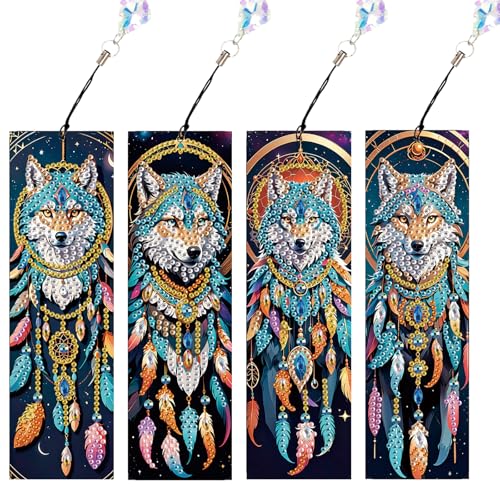JISHSHAY 4 Stück Diamond Painting Marke Seite Wolf Diamant Malerei Marke Seite Traumfänger Stickerei Diamant Bookmark Diamond Art Lesezeichen Set Stickerei Lesezeichen Puzzle Erwachsene Kreuzstich von JISHSHAY