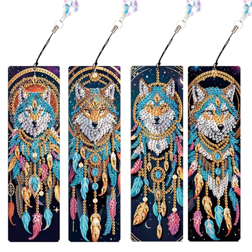 JISHSHAY 4Stück Diamond Painting Lesezeichen Traumfänger Diamant Painting Lesezeichen Wolf Diamantmalerei Bookmark Diamant Malerei Book Marks Mosaik Bastelset Erwachsene Diamaond Malerei Book Lover von JISHSHAY