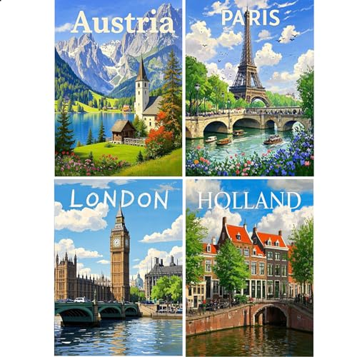 JISHSHAY 4er Set Diamond Painting Steine Rund Stadt 30×40cm Diamant Painting Runde Steine Diamant Malerei Diamaond Malerei Diamantmalerei Mosaik Bastelset Erwachsene Austria Paris London Holland von JISHSHAY