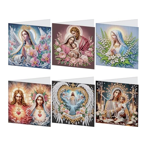 JISHSHAY 6 Pack Diamond Painting Grußkarten Jesus Maria Madonna Diamant Painting Glückwunschkarten Basteln Erwachsene Geburtstagskarten Mosaik Bastelset Erwachsene Crystal Art Karte Danke mit Umschlag von JISHSHAY