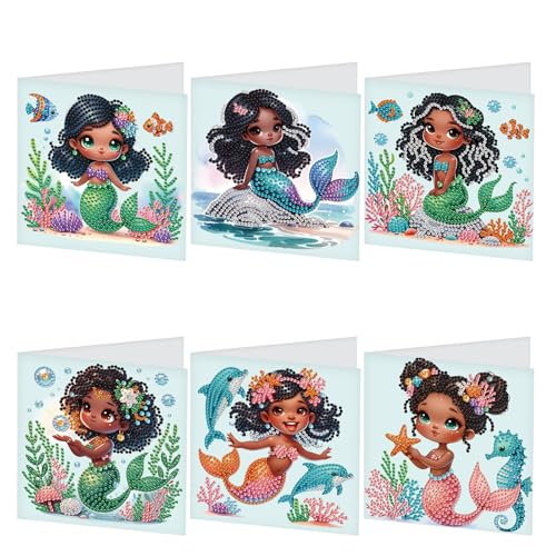 JISHSHAY 6 Pack Diamond Painting Grußkarten Meerjungfrau Diamant Painting Bilder Hochzeitskarten Basteln Erwachsene Karte Danke Mosaik Bastelset Erwachsene Birthday Card Karte Geburtstag mit Umschlag von JISHSHAY