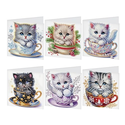 JISHSHAY 6 Set Diamond Painting Grußkarten Katze Tasse Diamant Painting Glückwunschkarten Tiere Basteln Erwachsene Geburtstagskarten Mosaik Bastelset Erwachsene Crystal Art Dankeskarten mit Umschlag von JISHSHAY