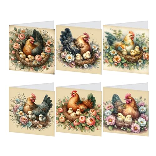 JISHSHAY 6 Set Diamond Painting Grußkarten Küken Henne Diamant Painting Glückwunschkarten Tiere Basteln Erwachsene Geburtstagskarten Mosaik Bastelset Erwachsene Crystal Art Dankeskarten mit Umschlag von JISHSHAY