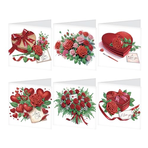 JISHSHAY 6 Stück Diamantgemälde Grußkarten Rose Diamant Kunst Geburtstagskarten mit Umschlägen Herz Edelstein Kunst Edelstein Malerei Stickerei Kit für Jahrestag Valentinstag Dankeschön Abschluss alle von JISHSHAY