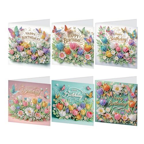 JISHSHAY 6 Stück Diamantgemälde Happy Birthday Karten Blume Diamant Kunst Grußkarten mit Umschlägen Tulpe Edelstein Kunst Edelstein Malerei Stickerei Kit Mosaik Kits für Erwachsene mit speziellen von JISHSHAY
