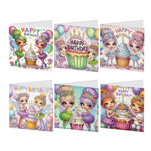 JISHSHAY 6 Stück Diamantgemälde Happy Birthday Karten Cupcake Diamant Kunst Grußkarten mit Umschlägen Fee Elfe Edelstein Kunst Edelstein Malerei Stickerei Kit Mosaik Kits für Erwachsene mit speziellen von JISHSHAY