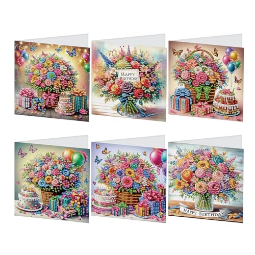 JISHSHAY 6er Set Diamond Painting Geburtstagskarten Blumen Diamant Painting Karten Happy Birthday Kuchen Basteln Erwachsene Karte Geburtstag Mosaik Bastelset Erwachsene Birthday Card mit Umschlag von JISHSHAY