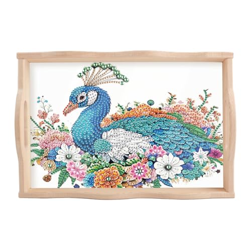JISHSHAY Diamond Painting Serviertablett Pfau Diamant Malerei Betttablett Stickerei Diamant Flach Service Diamond Art Kreuzstich Set Stickerei Serving Tray mit Griffen 20 x 30 cm von JISHSHAY