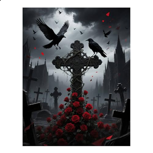 JISHSHAY Diamond Painting Steine Rund Kreuz Diamant Painting Runde Steine Rabe Diamant Malerei Gothic Diamaond Malerei Gothic Diamantmalerei Basteln Erwachsene Mosaik Bastelset Erwachsene 40×50cm von JISHSHAY