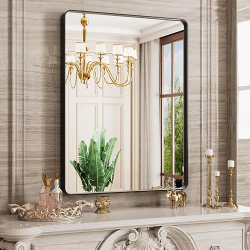 JISOSO 50,8 x 76,2 cm schwarzer Badezimmerspiegel, schwarzer Metallrahmenspiegel für die Wand, Abgerundeter rechteckiger, Matter Badezimmer-Schminkspiegel mit gehärtetem Glas, rostfrei, horizontal von JISOSO